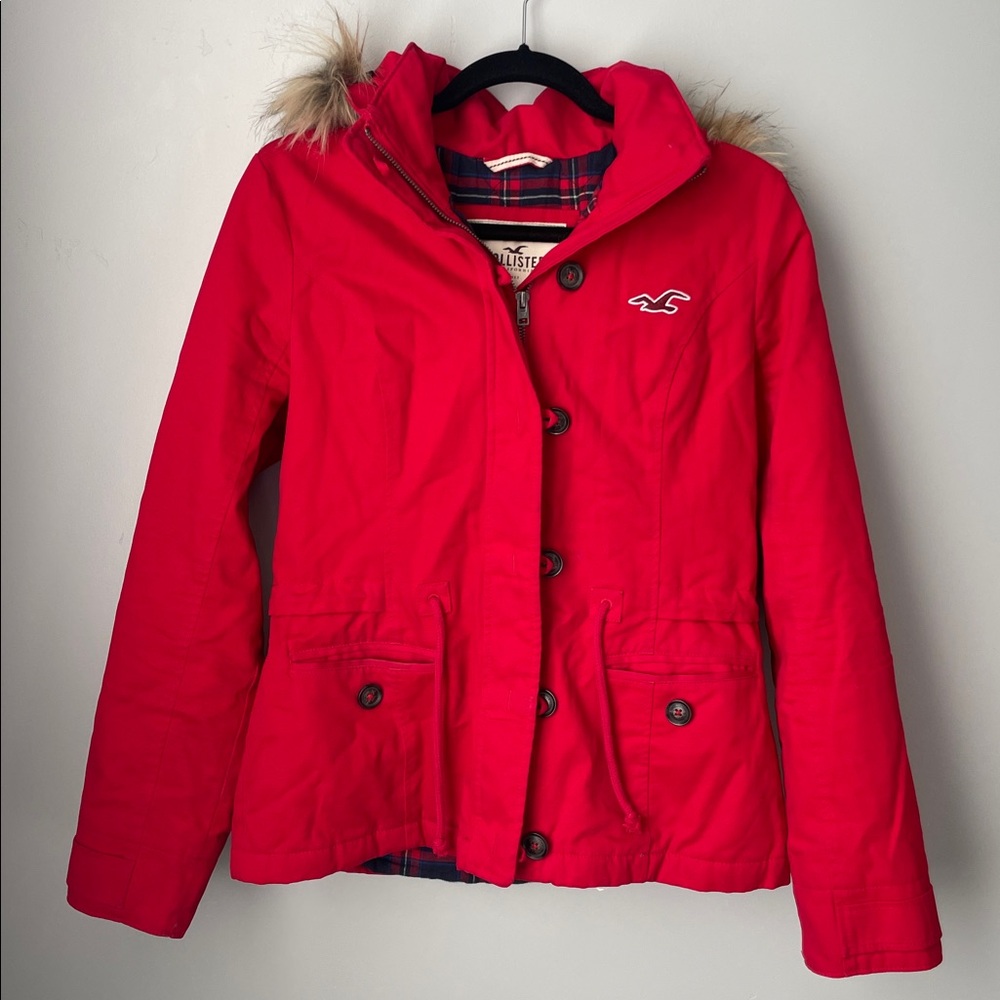 Hollister Vibrant Red Jacket with Faux Fur Hood